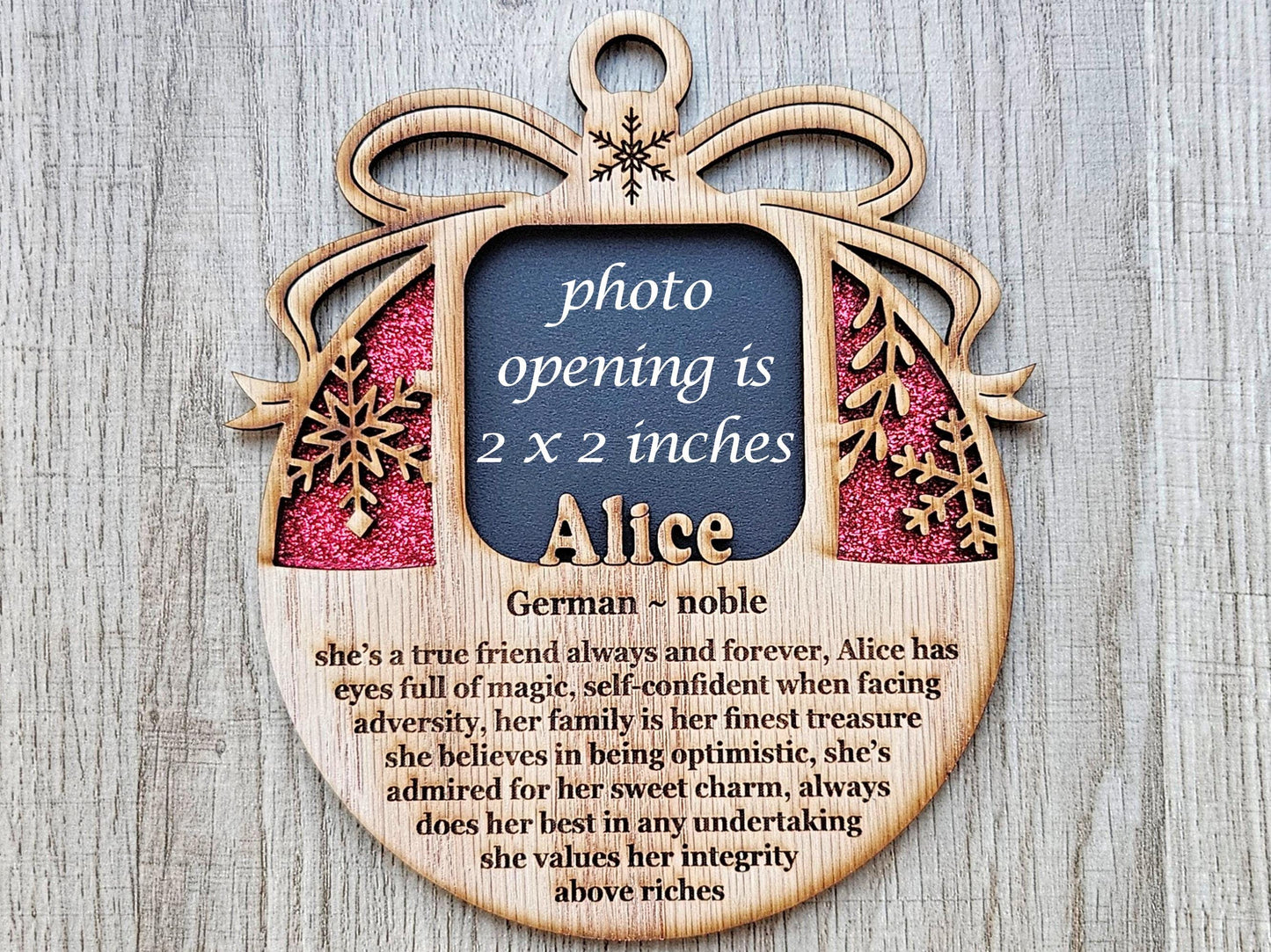 5" Name Meaning Christmas Ornament - Personalized Name Frame - 2x2 photo opening - Wallet Picture Frame Ornament - Grandparent Gift - Gold