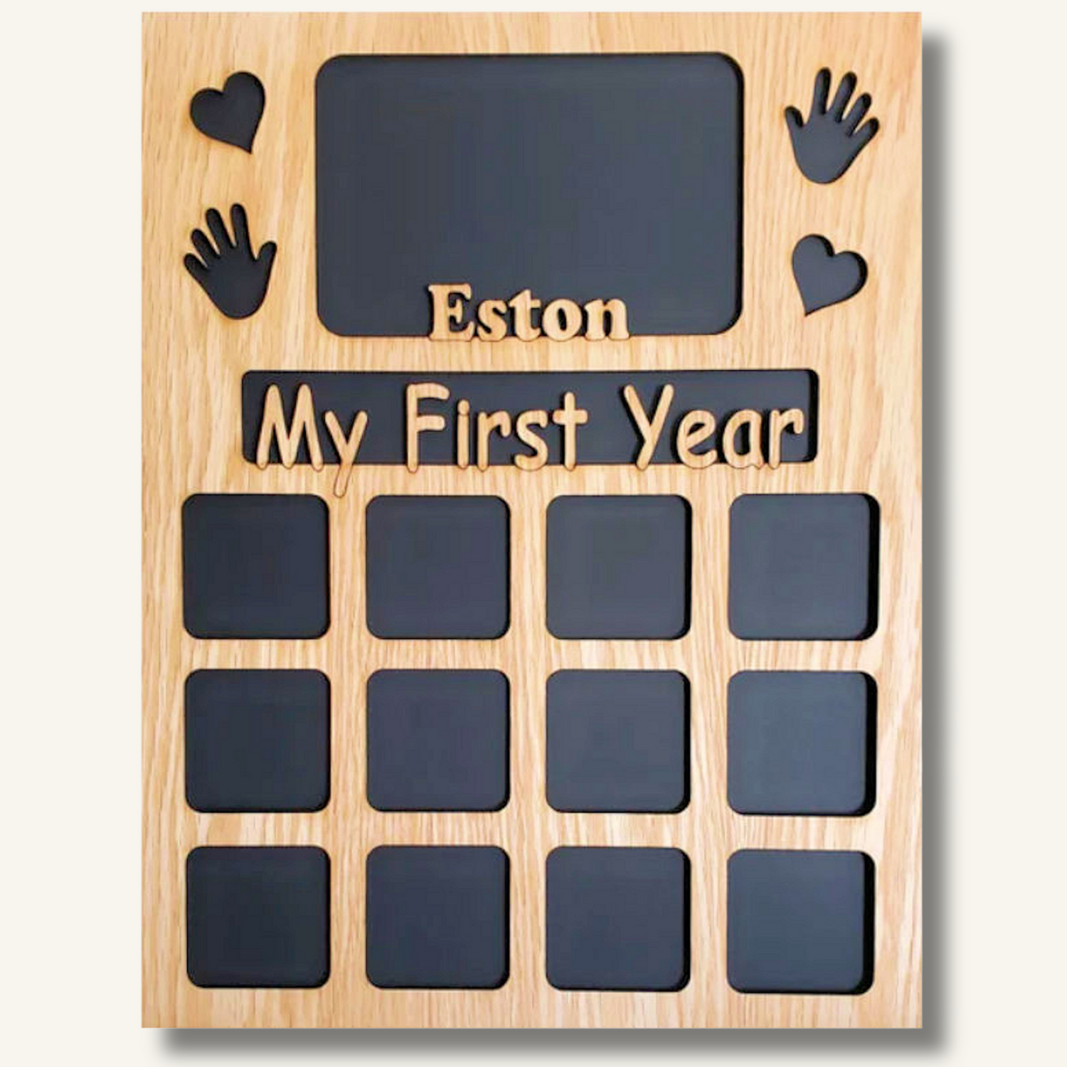My First Year baby photo frame with engraved name and months