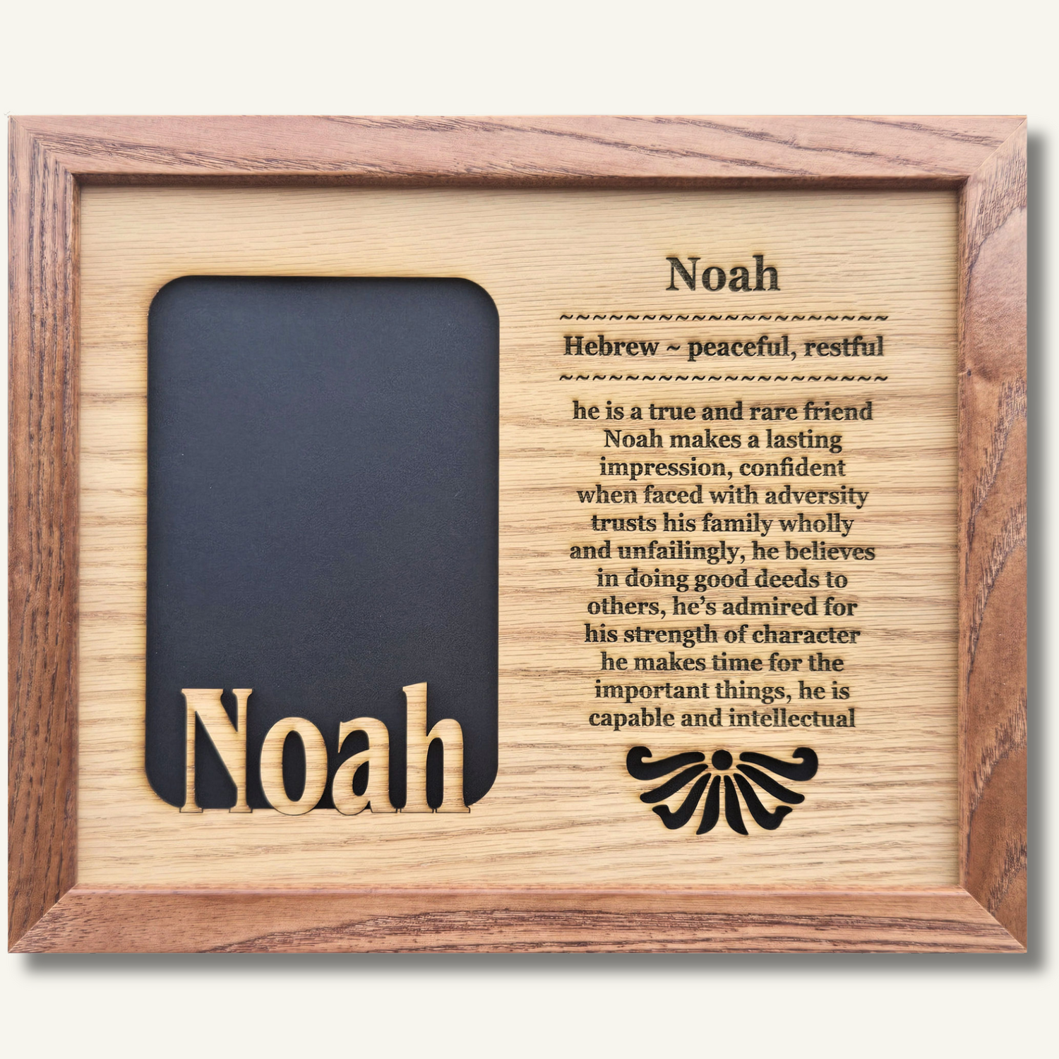 Wooden personalized name meaning frame with engraved name definition and photo opening – custom gift keepsake