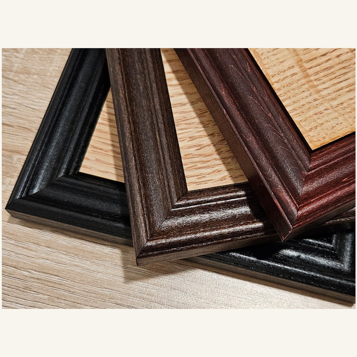 Wooden picture frames with protective glass