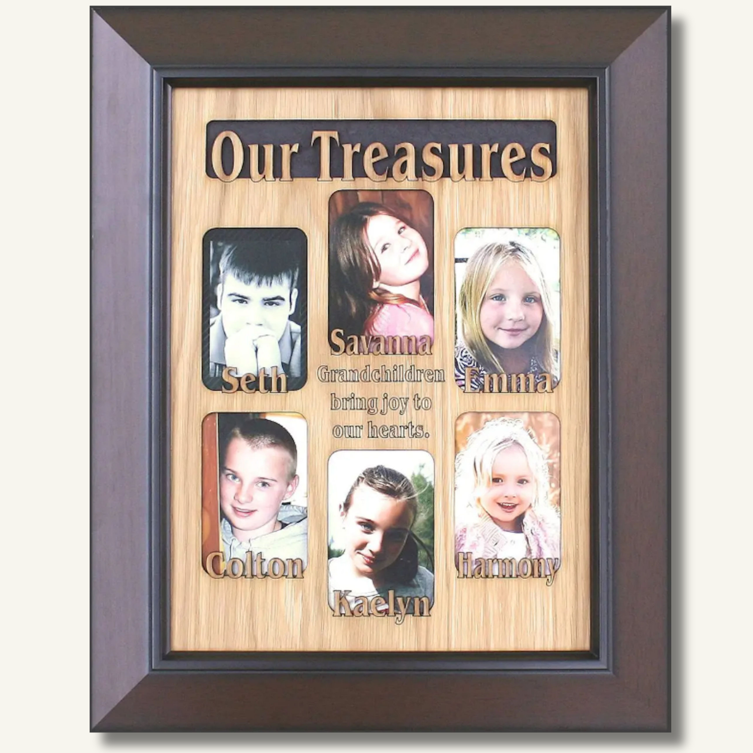 Large wooden frame with engraved grandchildren’s names and photos