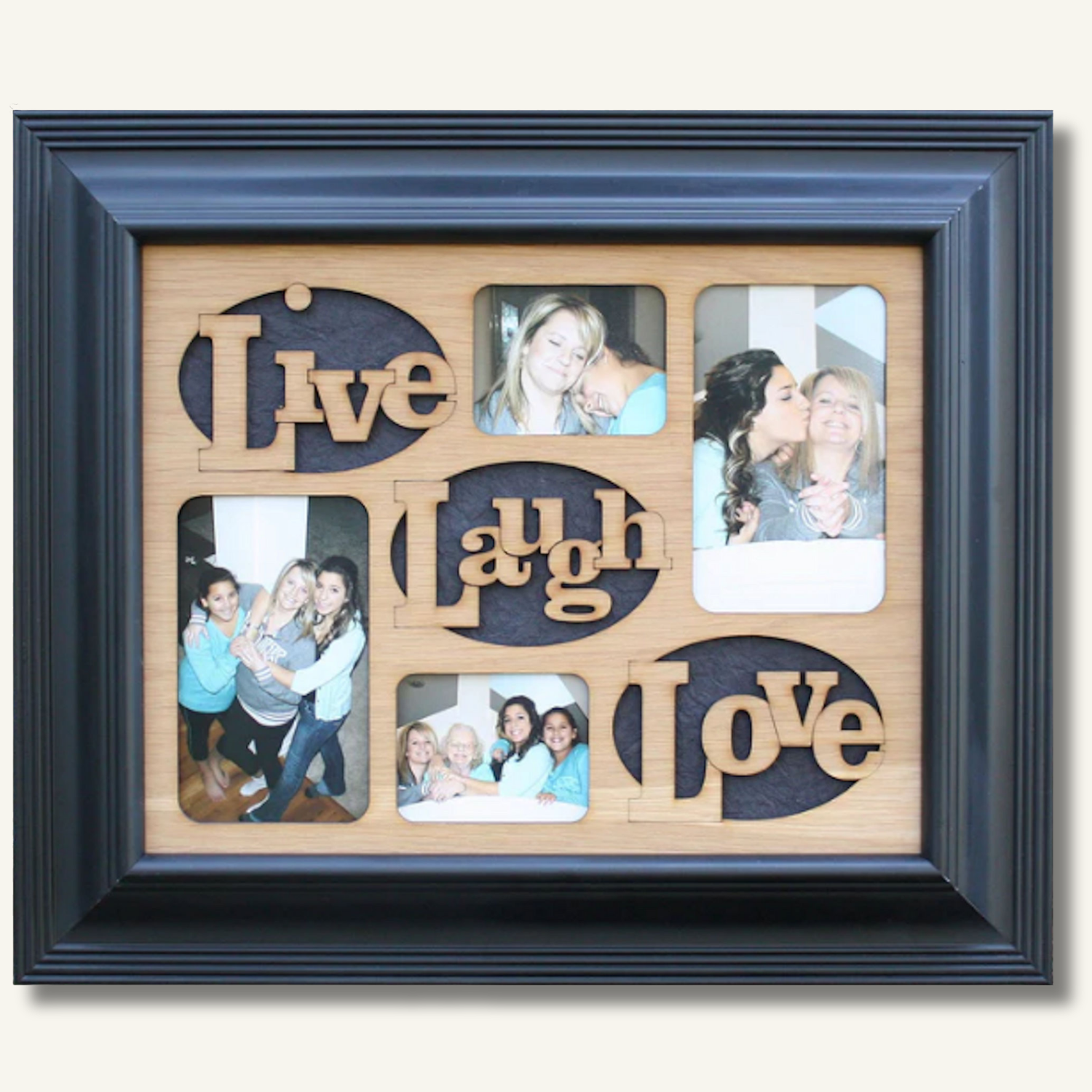Wooden collage frame for family photos with live laugh love text