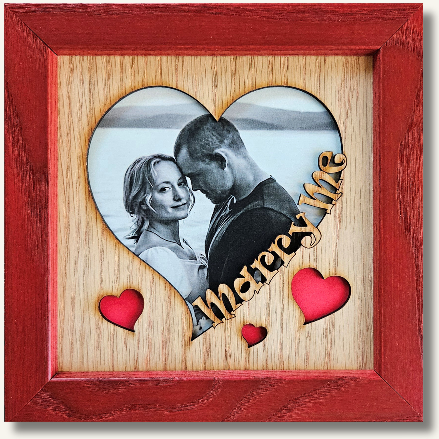Heart-shaped personalized wooden frame for couples with fun valentine quotes