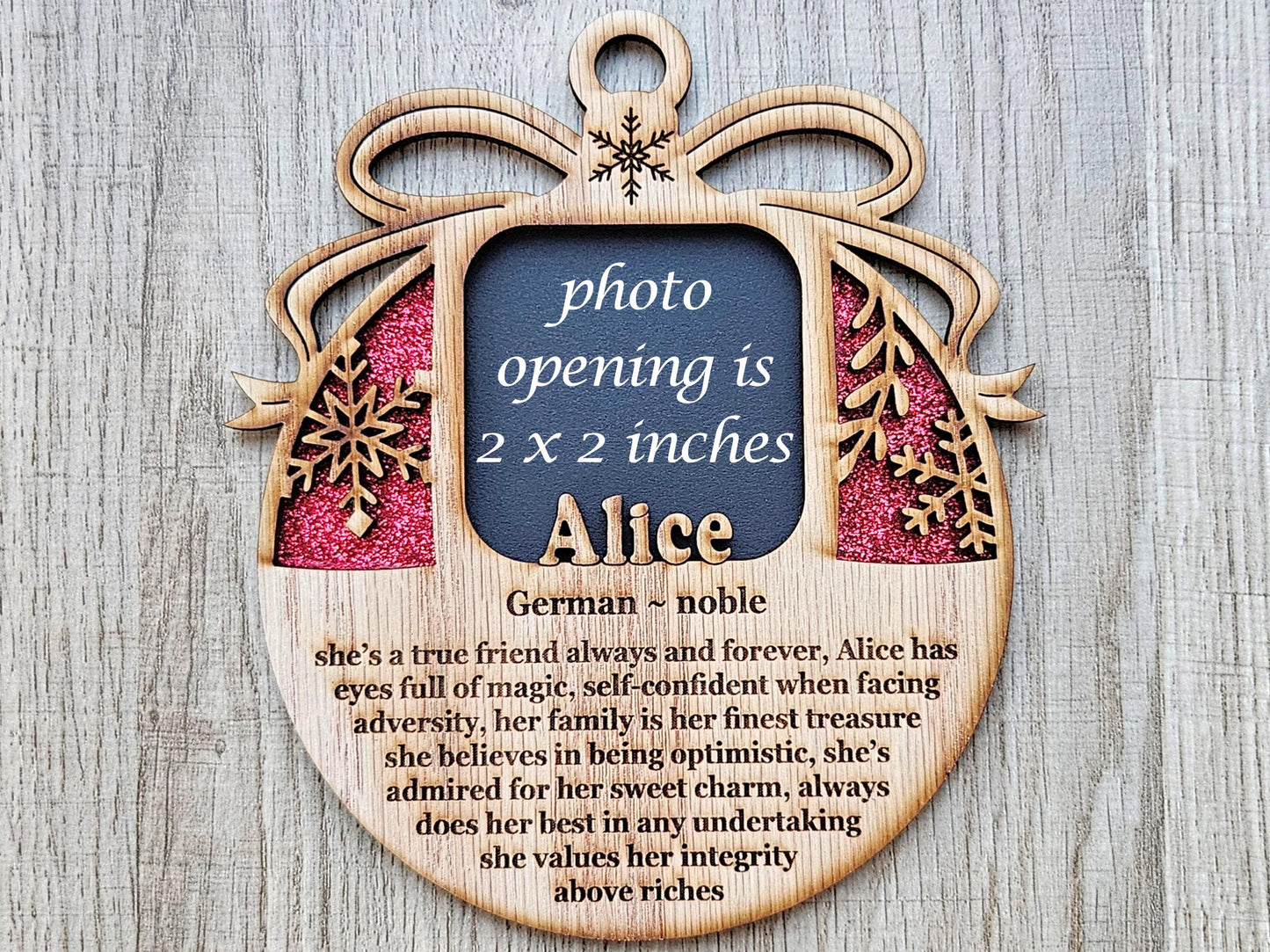 5" Personalized Name Meaning Christmas Ornament Picture Frame | 2x2 photo opening | Custom Frame Gift for Parents & Grandparents | Keepsake | Red
