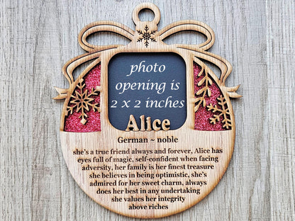 5" Personalized Name Meaning Christmas Ornament Picture Frame | 2x2 photo opening | Custom Frame Gift for Parents & Grandparents | Keepsake | Red