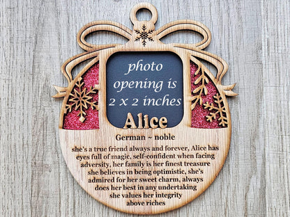 5" Name Meaning Christmas Ornament - Personalized Name Frame - 2x2 photo opening - Wallet Picture Frame Ornament - Grandparent Gift - Gold
