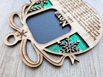 5" Name Meaning Christmas Ornament - Personalized Name Frame - 2x2 photo opening - Wallet Picture Frame Ornament - Grandparent Gift - Green