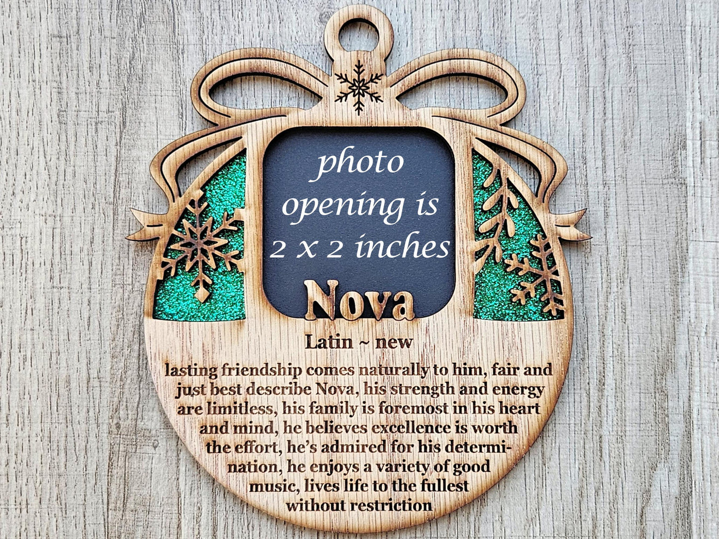 5" Name Meaning Christmas Ornament - Personalized Name Frame - 2x2 photo opening - Wallet Picture Frame Ornament - Grandparent Gift - Gold