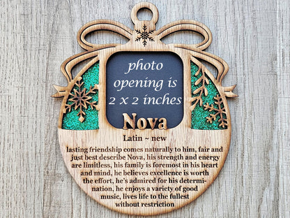 5" Name Meaning Christmas Ornament - Personalized Name Frame - 2x2 photo opening - Wallet Picture Frame Ornament - Grandparent Gift - Gold