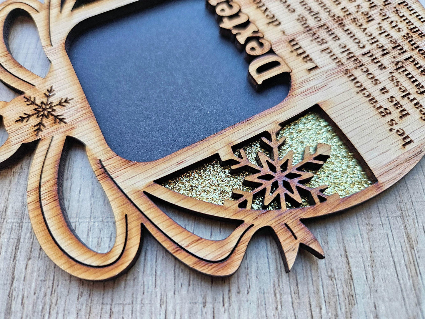 5" Name Meaning Christmas Ornament - Personalized Name Frame - 2x2 photo opening - Wallet Picture Frame Ornament - Grandparent Gift - Gold