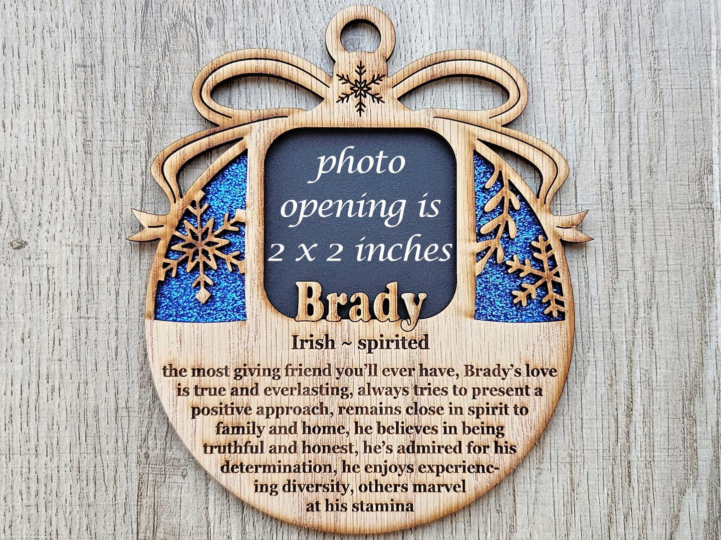 5" Name Meaning Christmas Ornament - Personalized Name Frame - 2x2 photo opening - Wallet Picture Frame Ornament - Grandparent Gift - Gold