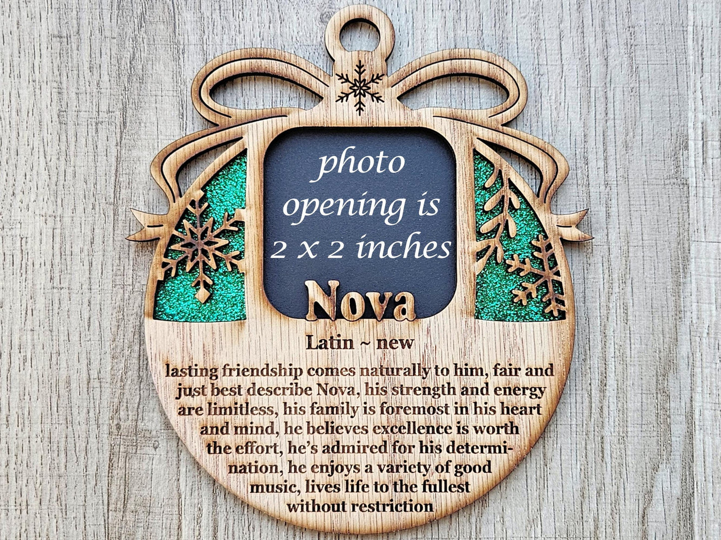 5" Personalized Name Origin and Meaning Ornament Photo Frame | 2x2 photo spot | Holiday Gift Keepsake for Parents, Grandparents & Loved Ones