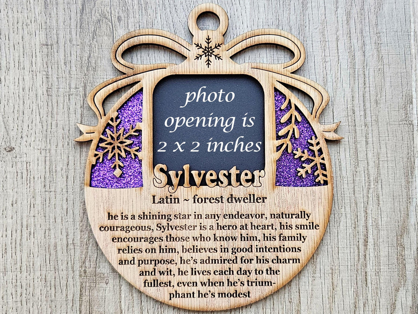 5" Personalized Name Origin and Meaning Ornament Photo Frame | 2x2 photo spot | Holiday Gift Keepsake for Parents, Grandparents & Loved Ones
