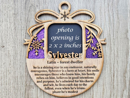 5" Personalized Name Origin and Meaning Ornament Photo Frame | 2x2 photo spot | Holiday Gift Keepsake for Parents, Grandparents & Loved Ones