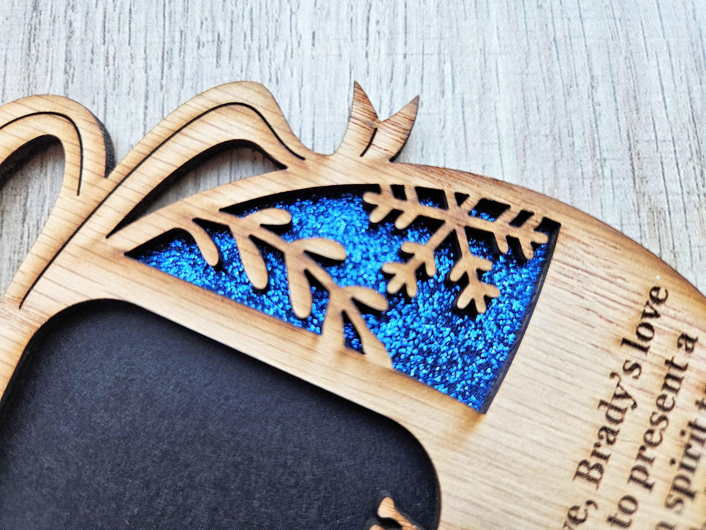 5" Name Meaning Christmas Ornament - Personalized Name Frame - 2x2 photo opening - Wallet Picture Frame Ornament - Grandparent Gift - Blue