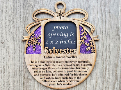 5" Name Meaning Christmas Ornament - Personalized Name Frame - 2x2 photo opening - Wallet Picture Frame Ornament - Grandparent Gift - Green