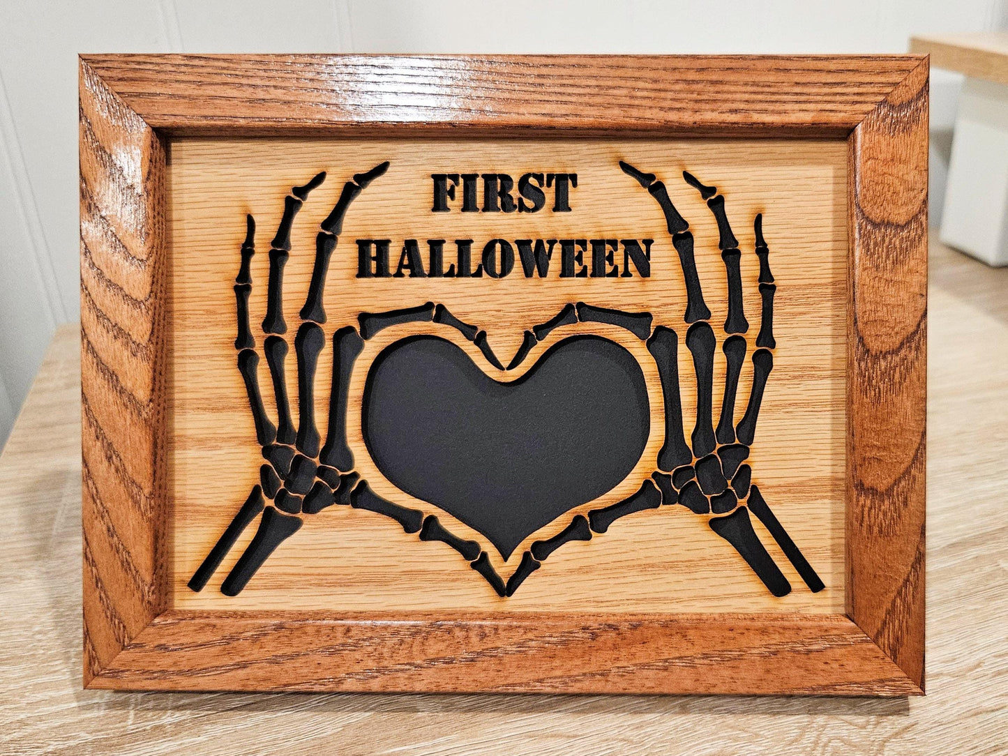 5x7 First Halloween Skeleton Heart Hands Picture Frame for 2 1/4" x 2 7/8" opening for Photo - Love is Spooky - Halloween Decor