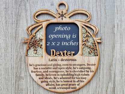 5" Name Meaning Christmas Ornament - Personalized Name Frame - 2x2 photo opening - Wallet Picture Frame Ornament - Grandparent Gift - Gold