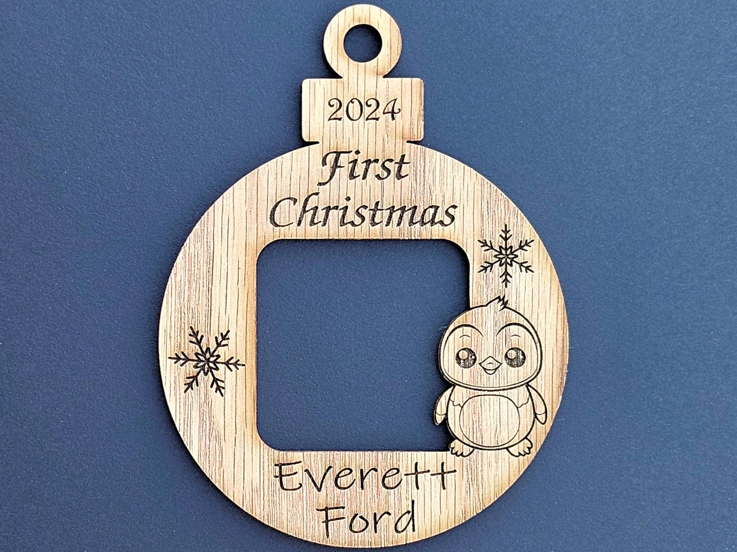 3" Baby’s First Christmas Ornament | Engraved Photo Frame | Personalized Name & Year Keepsake | Custom Wooden Penguin Holiday Gift