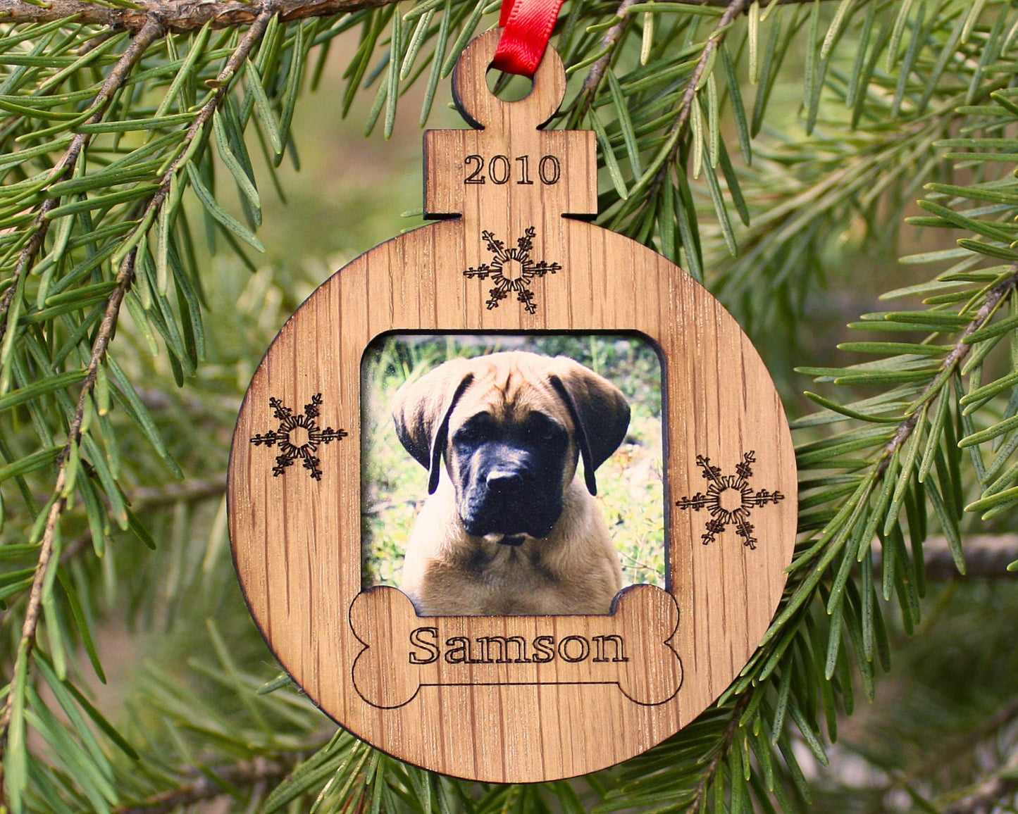 3" Personalized Dog First Christmas Ornament | Ornament Photo Frame | Custom Puppy Keepsake with Name and Year | Engraved Wooden Pet Gift