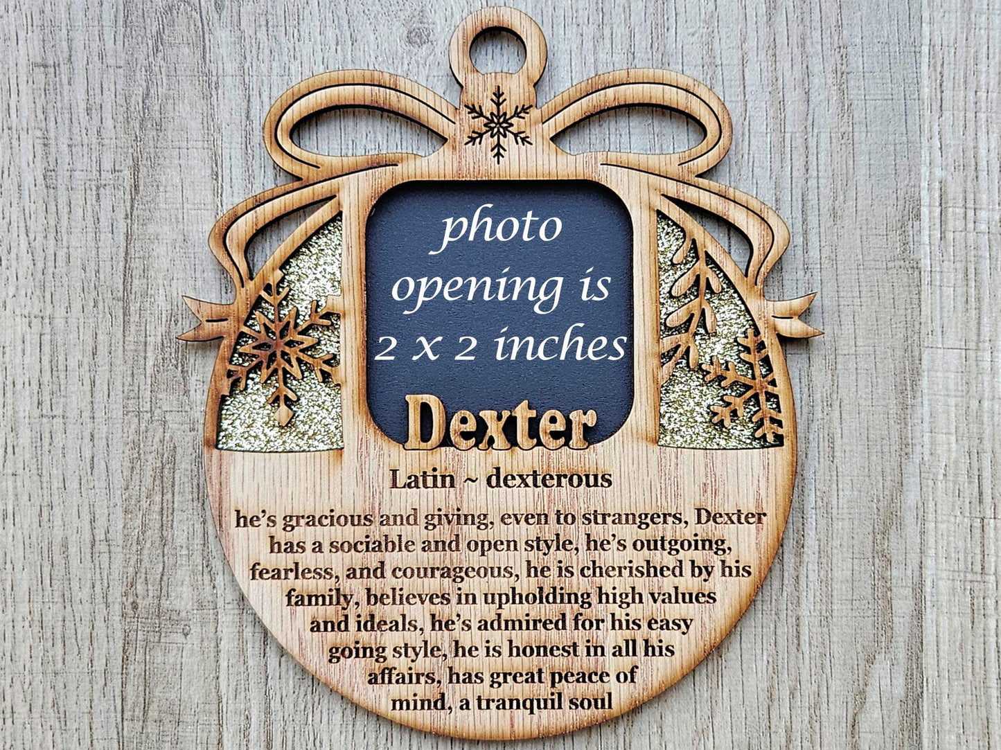 5" Name Meaning Christmas Ornament - Personalized Name Frame - 2x2 photo opening - Wallet Picture Frame Ornament - Grandparent Gift - Green