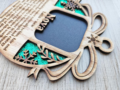 5" Name Meaning Christmas Ornament - Personalized Name Frame - 2x2 photo opening - Wallet Picture Frame Ornament - Grandparent Gift - Green