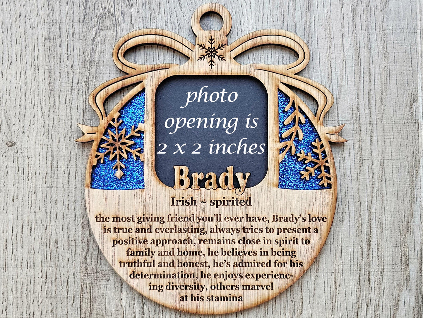 5" Name Meaning Christmas Ornament - Personalized Name Frame - 2x2 photo opening - Wallet Picture Frame Ornament - Grandparent Gift - Blue