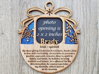 5" Name Meaning Christmas Ornament - Personalized Name Frame - 2x2 photo opening - Wallet Picture Frame Ornament - Grandparent Gift - Blue