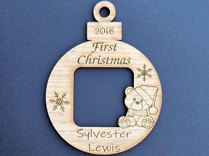 3" Baby’s First Christmas Ornament | Engraved Photo Frame | Personalized Name & Year Keepsake | Custom Wooden Penguin Holiday Gift