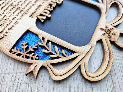 5" Name Meaning Christmas Ornament - Personalized Name Frame - 2x2 photo opening - Wallet Picture Frame Ornament - Grandparent Gift - Blue