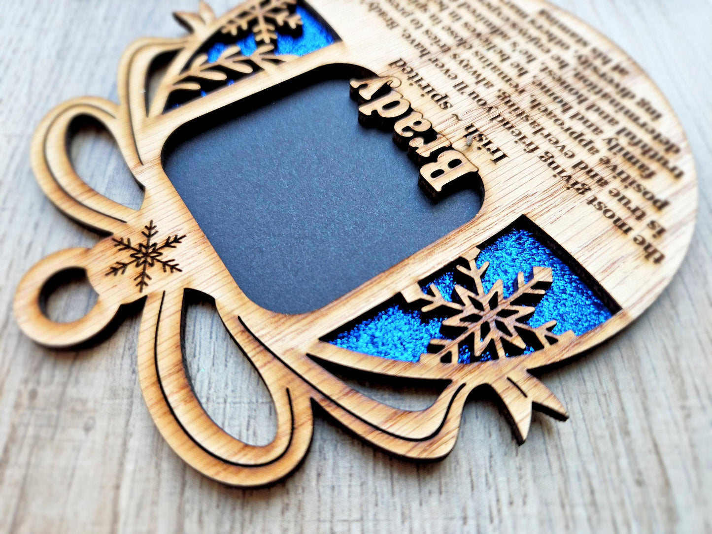 5" Name Meaning Christmas Ornament - Personalized Name Frame - 2x2 photo opening - Wallet Picture Frame Ornament - Grandparent Gift - Blue