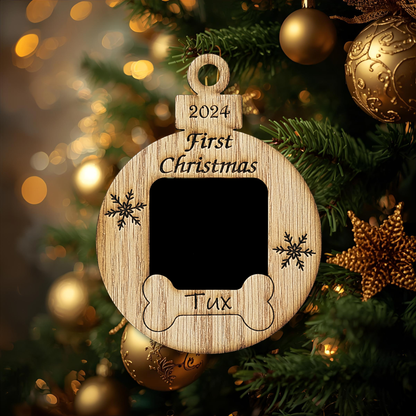 3" Personalized Dog First Christmas Ornament | Ornament Photo Frame | Custom Puppy Keepsake with Name and Year | Engraved Wooden Pet Gift