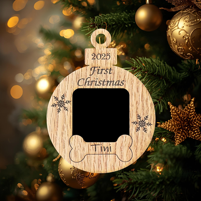 3" Personalized Dog First Christmas Ornament | Ornament Photo Frame | Custom Puppy Keepsake with Name and Year | Engraved Wooden Pet Gift