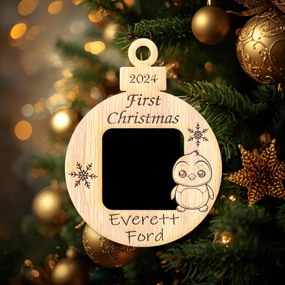 3" Baby’s First Christmas Ornament | Engraved Photo Frame | Personalized Name & Year Keepsake | Custom Wooden Penguin Holiday Gift