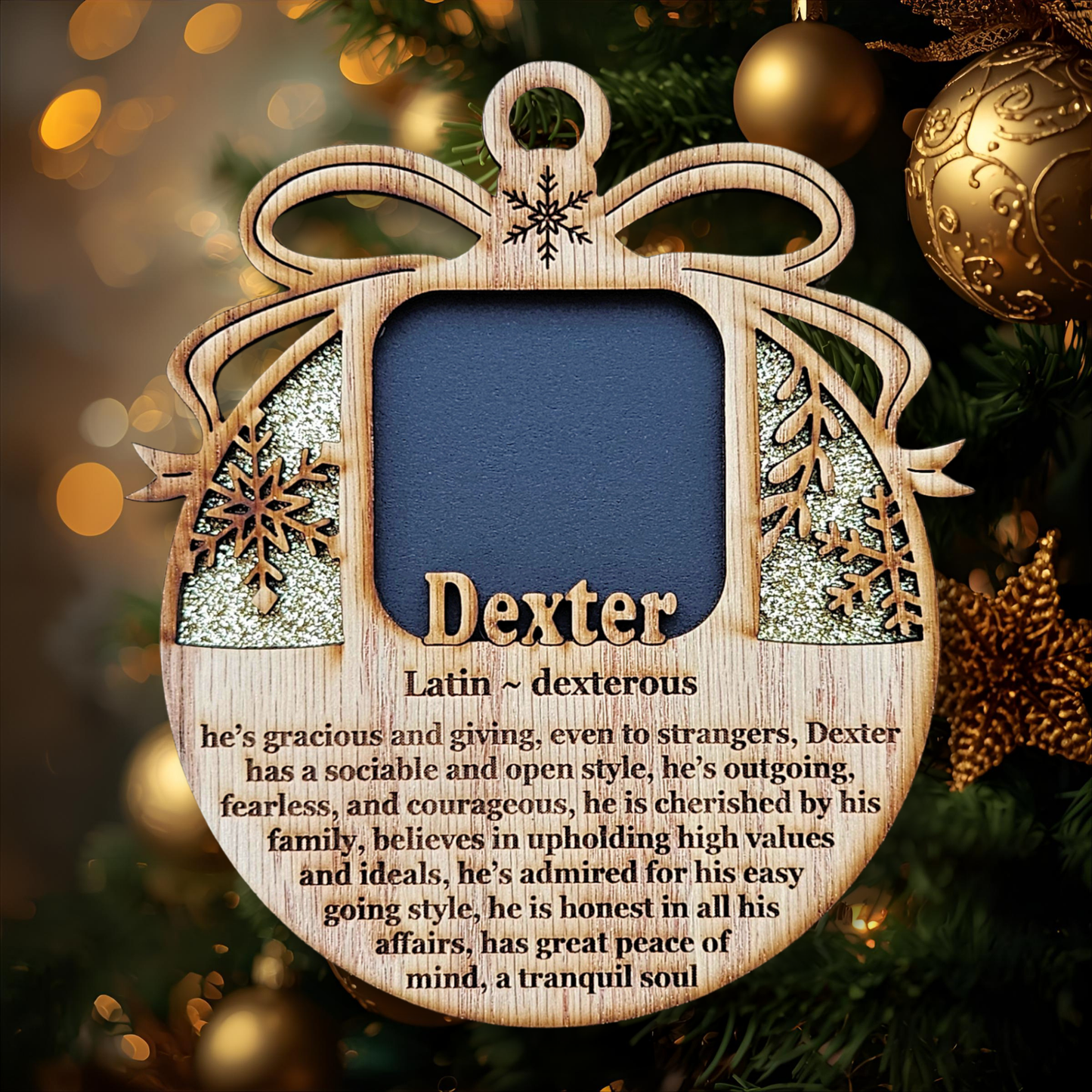 5" Name Meaning Christmas Ornament - Personalized Name Frame - 2x2 photo opening - Wallet Picture Frame Ornament - Grandparent Gift - Gold