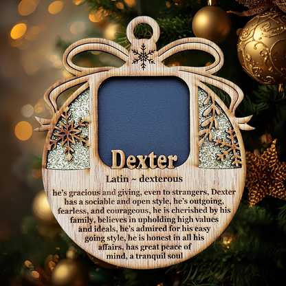 5" Name Meaning Christmas Ornament - Personalized Name Frame - 2x2 photo opening - Wallet Picture Frame Ornament - Grandparent Gift - Gold