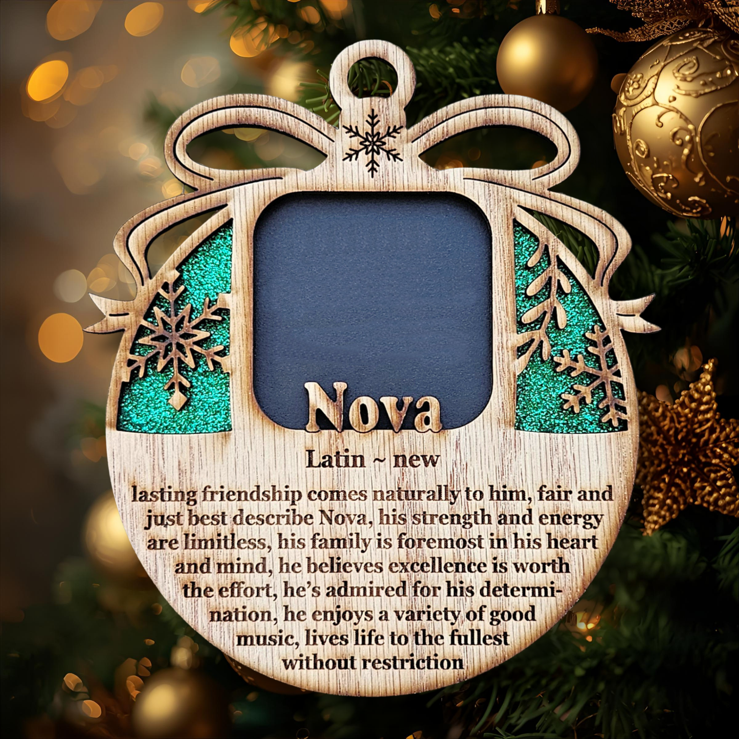 5" Name Meaning Christmas Ornament - Personalized Name Frame - 2x2 photo opening - Wallet Picture Frame Ornament - Grandparent Gift - Green