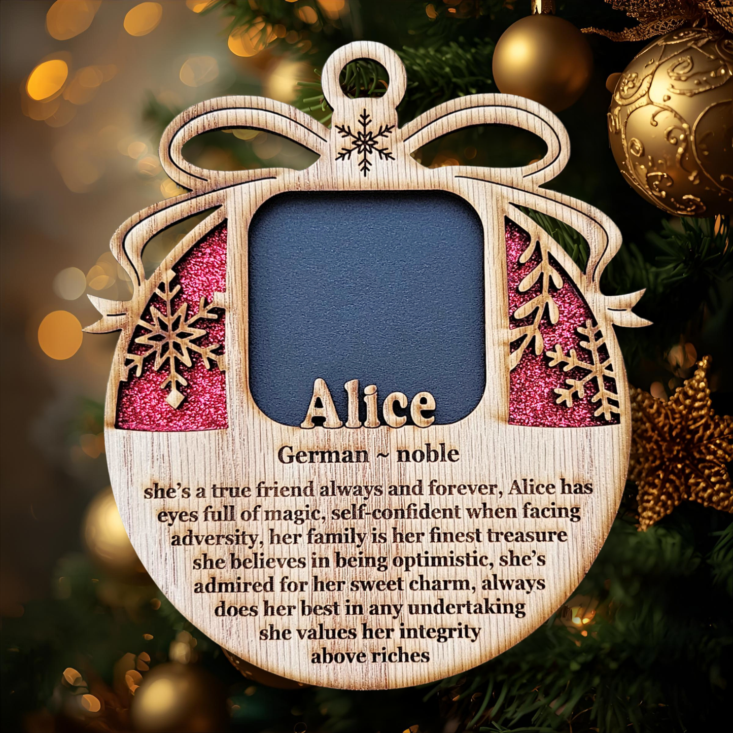 5" Personalized Name Meaning Christmas Ornament Picture Frame | 2x2 photo opening | Custom Frame Gift for Parents & Grandparents | Keepsake | Red