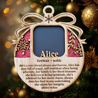 5" Personalized Name Meaning Christmas Ornament Picture Frame | 2x2 photo opening | Custom Frame Gift for Parents & Grandparents | Keepsake | Red