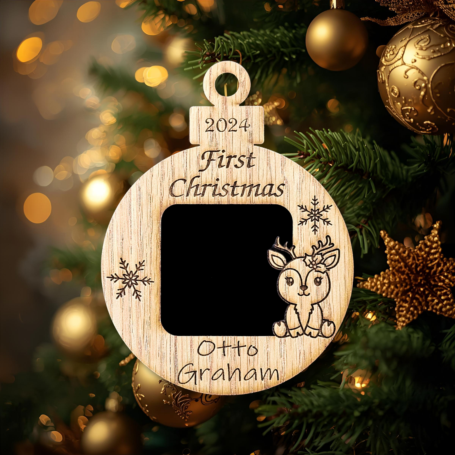 3" Baby’s First Christmas Ornament Photo Frame | Personalized Name & Year Keepsake | Custom Wooden Holiday Gift | Reindeer