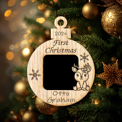3" Baby’s First Christmas Ornament Photo Frame | Personalized Name & Year Keepsake | Custom Wooden Holiday Gift | Reindeer