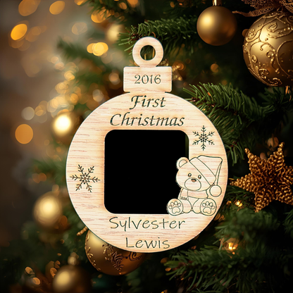 3" Baby’s First Christmas Ornament | Ornament Photo Frame | Personalized Name & Year | Custom Wooden Teddy Bear Holiday Keepsake