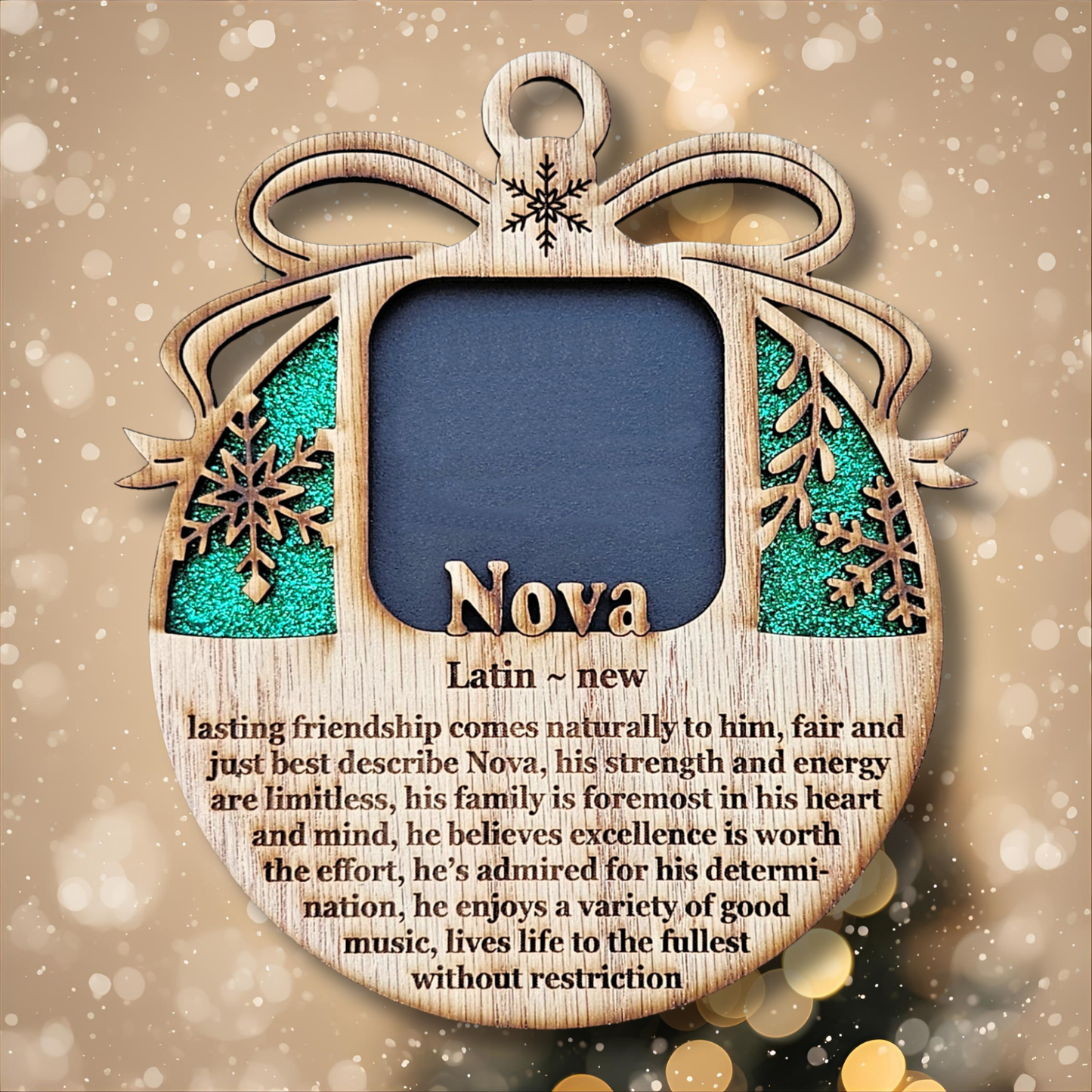 5" Name Meaning Christmas Ornament - Personalized Name Frame - 2x2 photo opening - Wallet Picture Frame Ornament - Grandparent Gift - Green